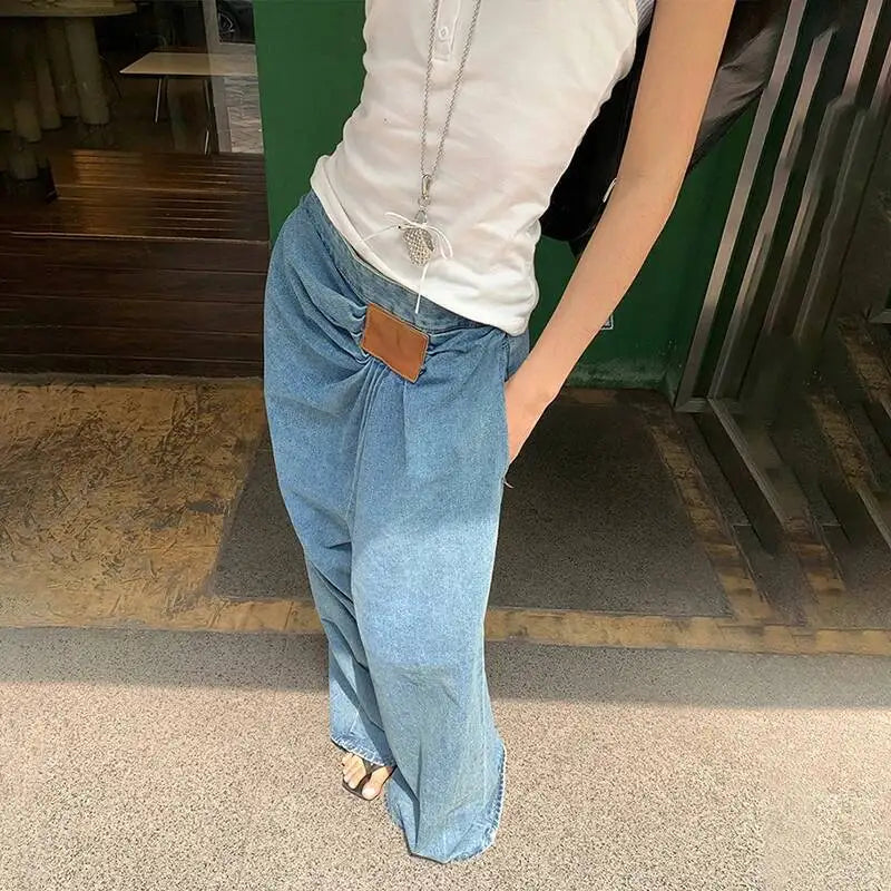 DEAT Fashion Folds Design Sense Jeans Women's High Waist Loose Wide Leg Blue Denim Pants Summer New Tide 7AB9503