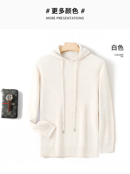 Men's 100% Merino Wool Sweater Hooded Collar Knitted Pullover Cashmere Sweatshirt Autumn Winter Casual Large Tops Long Sleeved