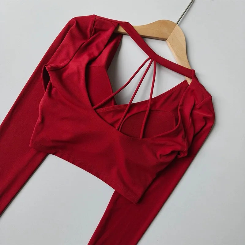 Yoga Top with Chest Pads Cross V-Neck Long Sleeves Women's Slim-Fit Running Training Cropped Navel-Baring Pilates Top  Fitness
