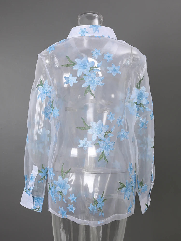 DEAT Fashion Floral Print Sheer Organza Shirt Women's Lapel Loose Light Blue Blouse Summer New