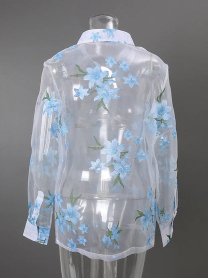 DEAT Fashion Floral Print Sheer Organza Shirt Women's Lapel Loose Light Blue Blouse Summer New