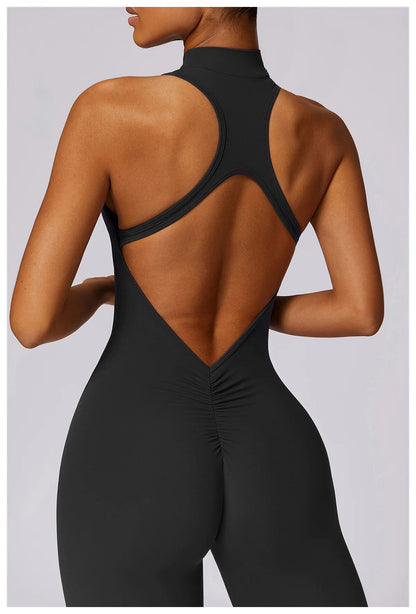 Summer V Back One-piece Suit Women Sports Jumpsuit Zippers Yoga Rompers Backless Sportswear Women Sleeveles Workout Bodysuits