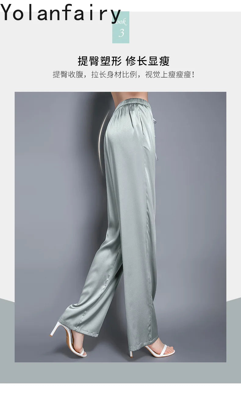 YOLANFAIRY Casual Wide Leg Pants Summer 95% Real Mulberry Silk Women's Pants Korean Loose Trousers Woman Silk Pants Full Length