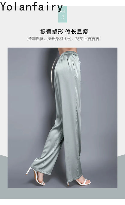 YOLANFAIRY Casual Wide Leg Pants Summer 95% Real Mulberry Silk Women's Pants Korean Loose Trousers Woman Silk Pants Full Length