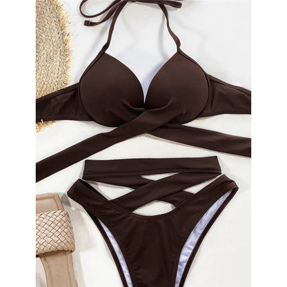 Sexy Wrap Around High Waist Bikini Female Swimsuit Women Swimwear Two-pieces Bikini set Bandage Bather Bathing Suit Swim V3115