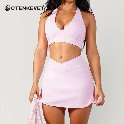 Summer Women Chest Padding And High Elasticity Bra Set 2Pcs Tennis Skirt Sportswear Female Golf Suits Sport Outfit For Woman