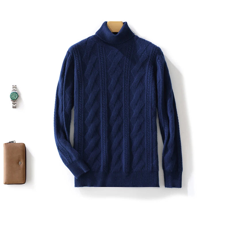 100% Merino Wool Solid Color Turtleneck Cable-Knit Sweater Long Sleeves Pullover Cashmere Men Soft Comfortable Warm Clothing Top