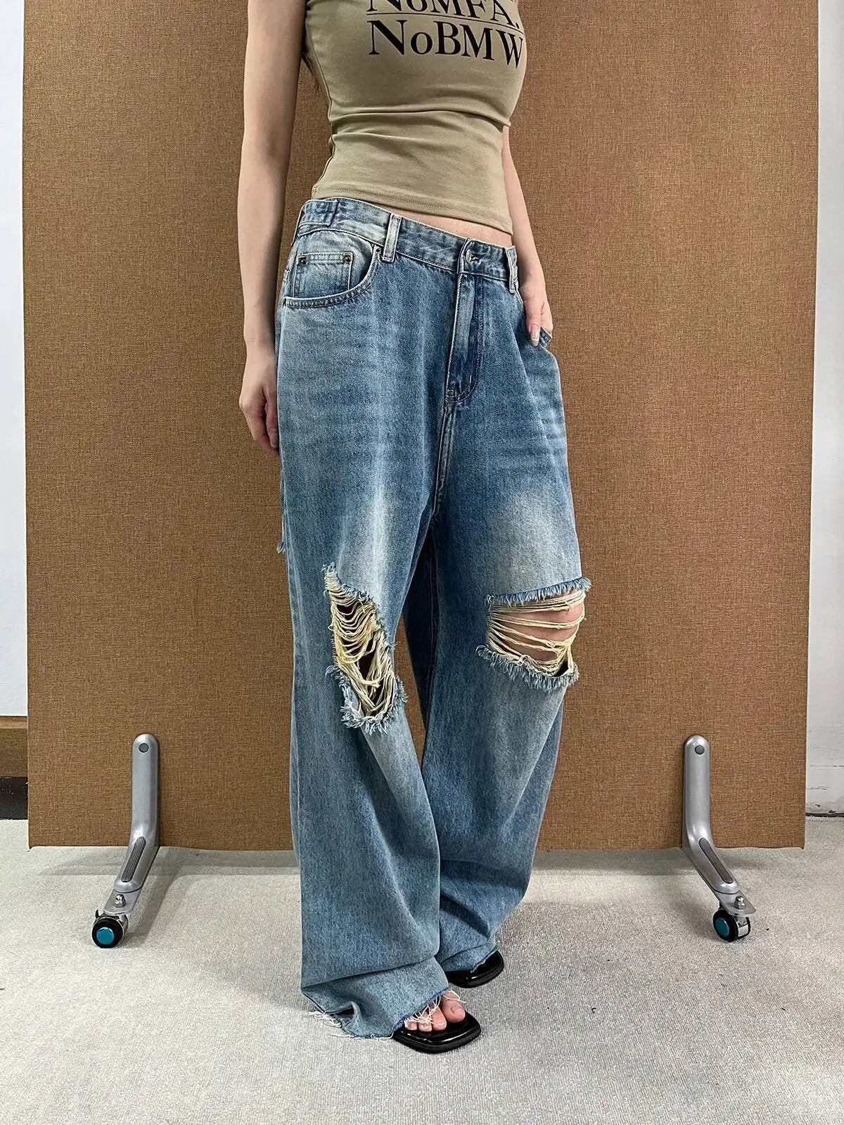DEAT Fashion Ripped Straight Blue Jeans Women's High Waist Streetwear Denim Pants Summer New 7A4060