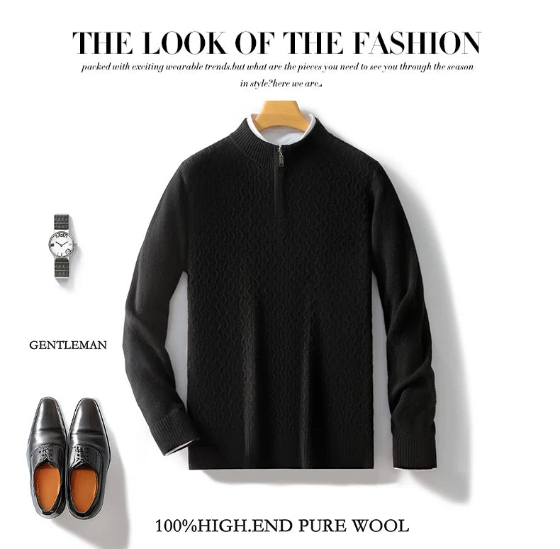 2024 Autumn Winter New Men's Half-High-Neck Thick 100% Pure Wool Sweater Long-Sleeved Business Warm Cashmere Bottoming Shirt Top