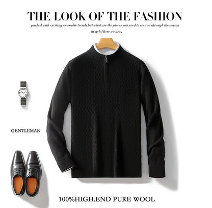 2024 Autumn Winter New Men's Half-High-Neck Thick 100% Pure Wool Sweater Long-Sleeved Business Warm Cashmere Bottoming Shirt Top