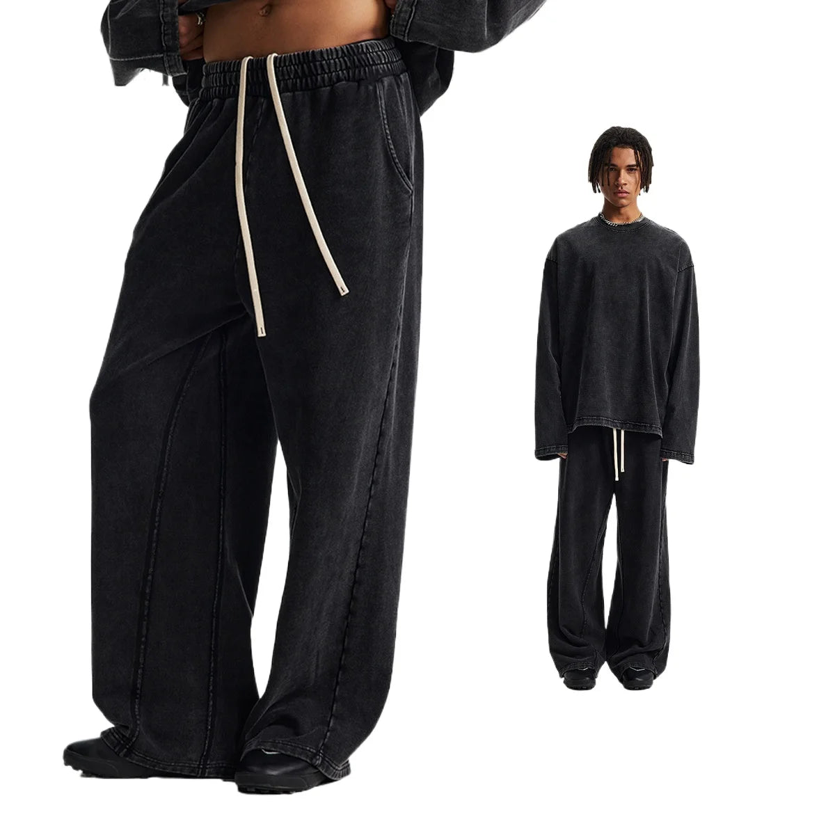 Custom LOGO Men's New 380G Heavy 100% Cotton 2025 Loose Retro Wide Leg Scattered Sports Casual Pants
