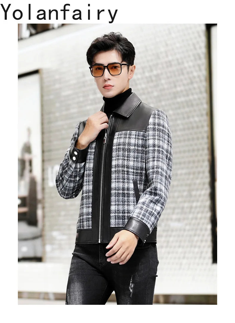 YOLANFAIRY Plaid Wool Spliced Genuine Sheepskin Jacket for Man Spring Autumn Short Woolen Coat Turn Down Collar abrigo hombre
