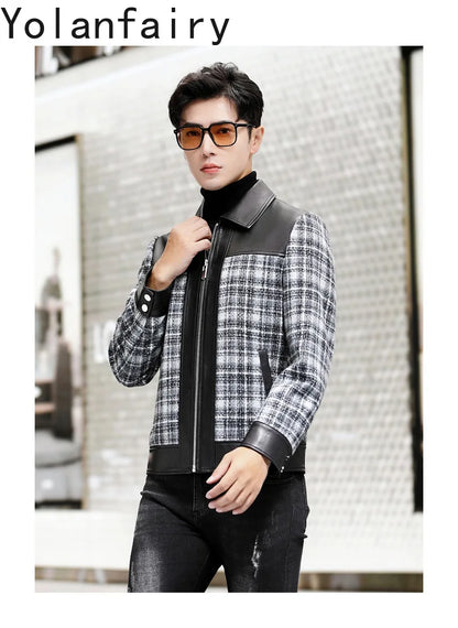 YOLANFAIRY Plaid Wool Spliced Genuine Sheepskin Jacket for Man Spring Autumn Short Woolen Coat Turn Down Collar abrigo hombre