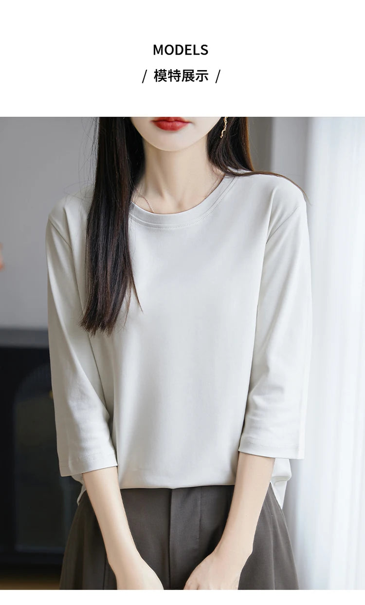 Spring And Summer New White Mercerized Cotton Short Sleeve T-Shirt Feminine Joker Cotton Cropped Sleeve Bottoming Shirt