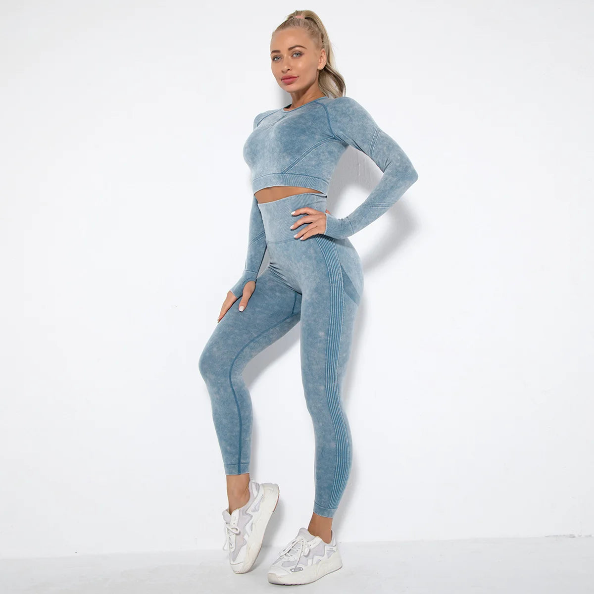 Women Seamless Tracksuit Yoga Set 2PCS Workout Clothes Athletic Wear Gym Legging Fitness Bra Crop Top Long Sleeve Sports Suits