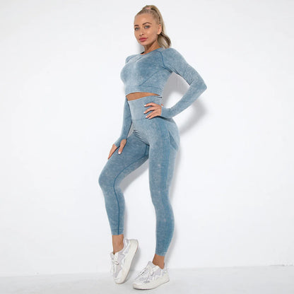 Women Seamless Tracksuit Yoga Set 2PCS Workout Clothes Athletic Wear Gym Legging Fitness Bra Crop Top Long Sleeve Sports Suits