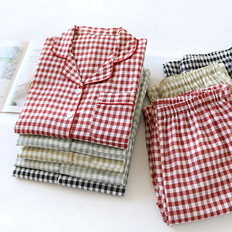 2026 Spring/Summer Couple Pajama Set 100% Cotton Double Layer Gauze Men's and Women's Japanese Plaid Set Long sleeved Home Fury