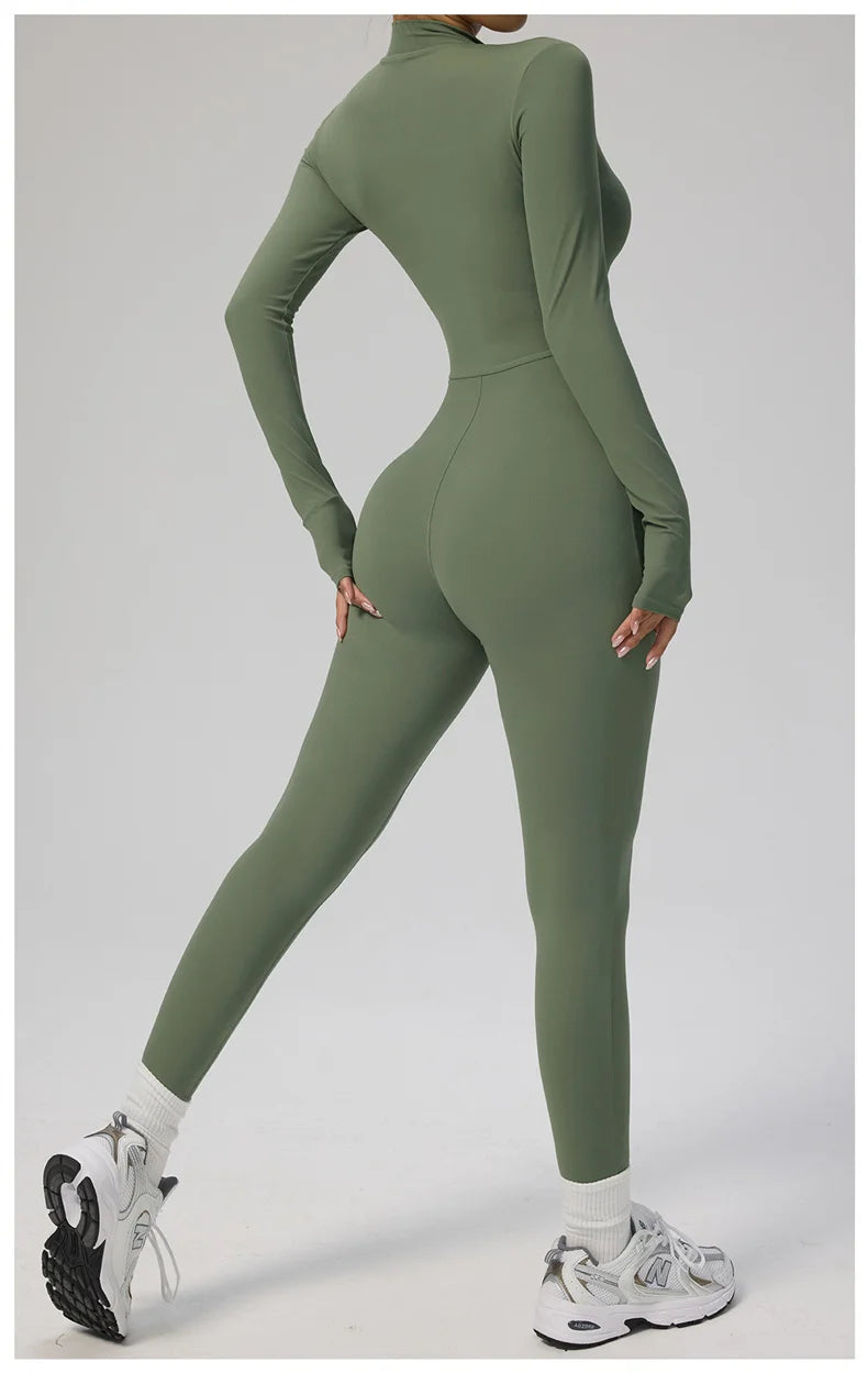 TRY TO BN Women's Jumpsuit Long Sleeve Zipper Shapewear Bodysuit Yoga Fitness One Piece Tights Gym Clothing Mono Deportivo Mujer