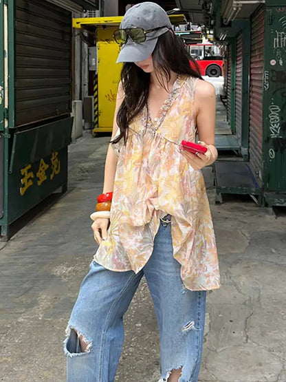 DEAT Fashion Distressed Ripped Wide Leg Jeans Women's Low Waist Frayed Hem Blue Denim Pants Summer New 7A4508