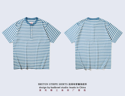 American Retro Sea Soul Shirt 270g Heavy Cotton T-shirt Men's Casual Round Neck Short Sleeve T-shirt Striped Base T-shirt