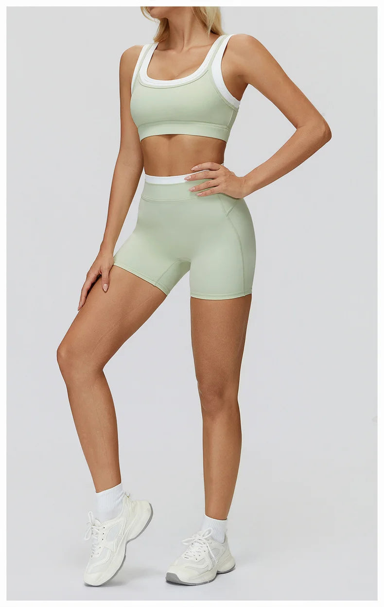 TRY TO BN Yoga Shorts Sets Women's Tracksuit Two Fake Pieces Sports Ribbed Contrasting Color Workout Running Fitness Gym Clothes