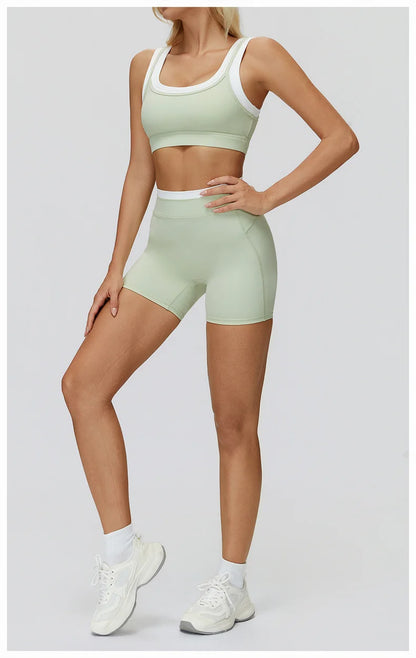TRY TO BN Yoga Shorts Sets Women's Tracksuit Two Fake Pieces Sports Ribbed Contrasting Color Workout Running Fitness Gym Clothes