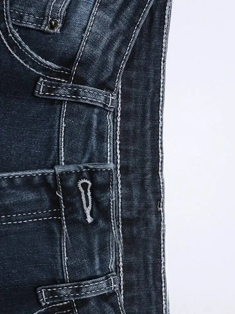 DEAT Fashion Flared Denim Jeans Women's Mid Rise Whiskered Wash Dark Blue Bootcut Jeans Summer New