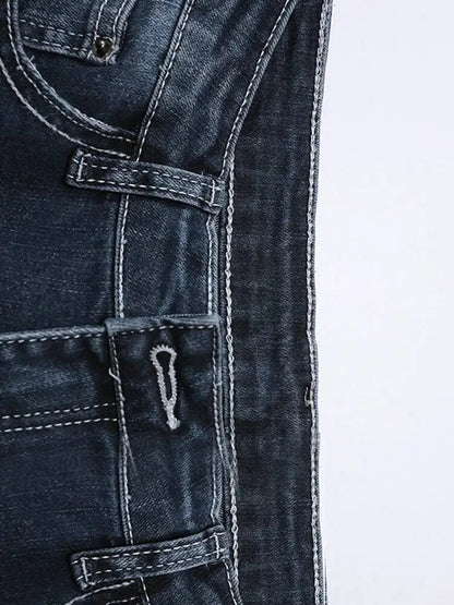 DEAT Fashion Flared Denim Jeans Women's Mid Rise Whiskered Wash Dark Blue Bootcut Jeans Summer New