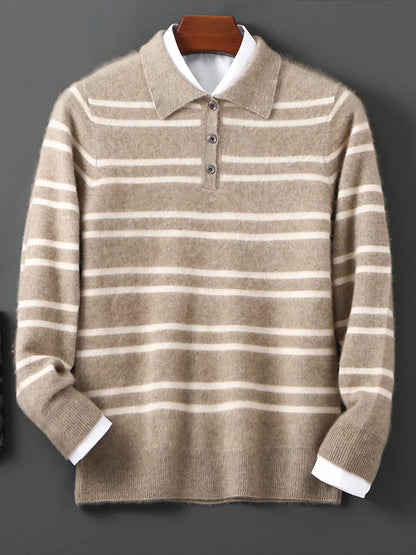 Men Leisure 100% Merino Wool Sweater Polo Collar Knit Pullover Autumn Winter Cashmere Clothing Casual Business Color Stripe Top