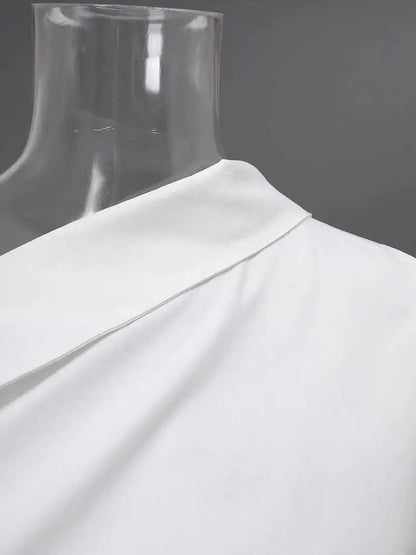 DEAT Fashion Belted Waist Shirt Women's One Shoulder Asymmetrical Collar Long Sleeve White Blouse Sumemr New