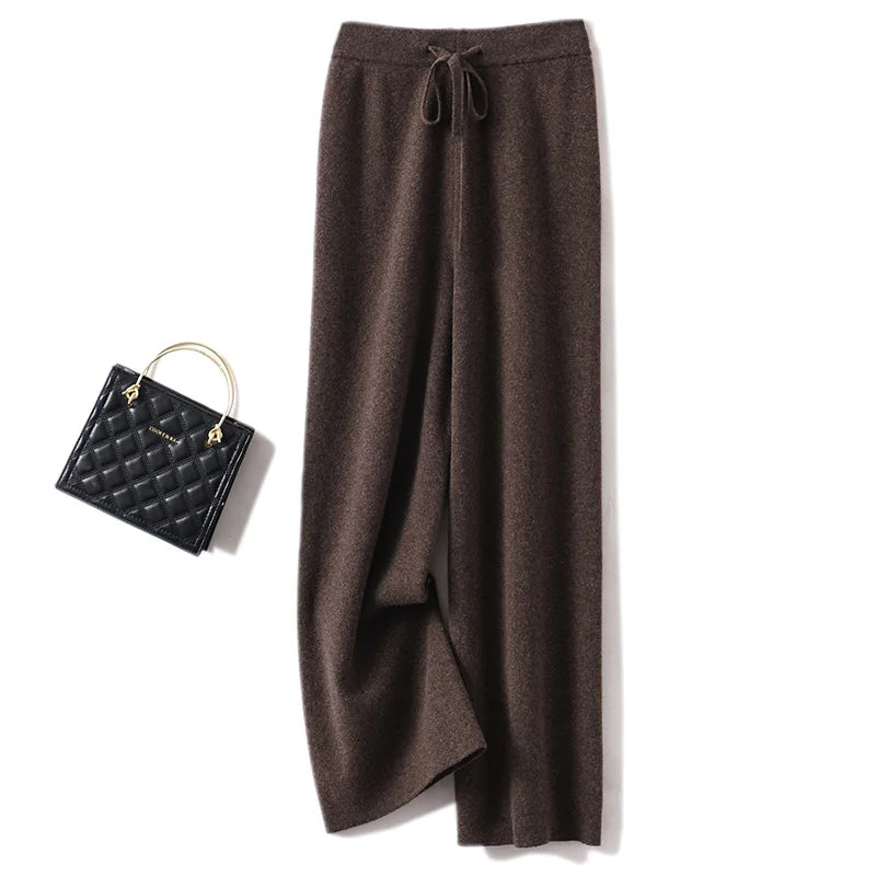 CHICUU Women Cashmere Pants Basic Casual Wide Leg Pants Autumn Winter 100% Merino Wool Knitwear Soft Korean Popular Trousers
