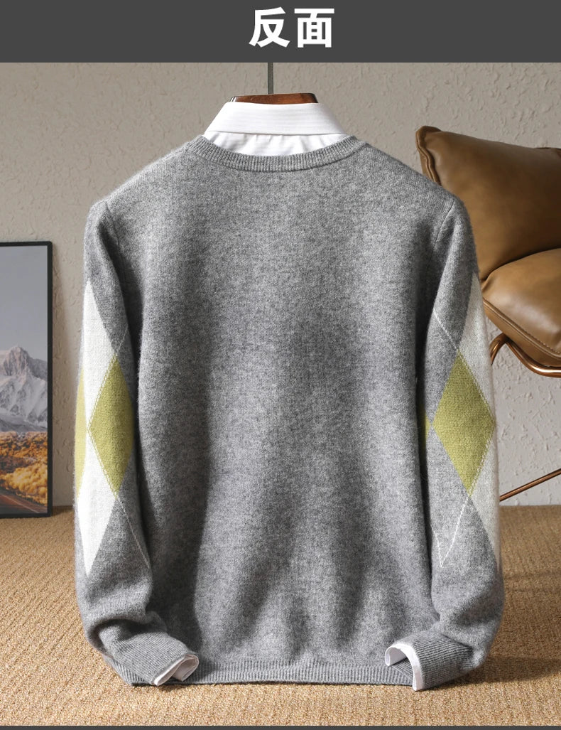 Autumn Winter New Men's Cashmere Sweater Thickened Round Neck Pullover With Contrast Color Loose Casual Knitted100% Wool Sweater