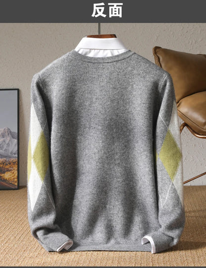 Autumn Winter New Men's Cashmere Sweater Thickened Round Neck Pullover With Contrast Color Loose Casual Knitted100% Wool Sweater