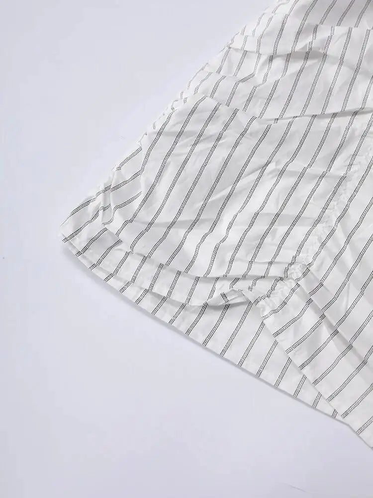 DEAT Fashion Striped Wrap Tie Waist Shirt Mini Dress Women's Lapel Asymmetric Ruched Hem Striped Bodycon Dresses Summer New