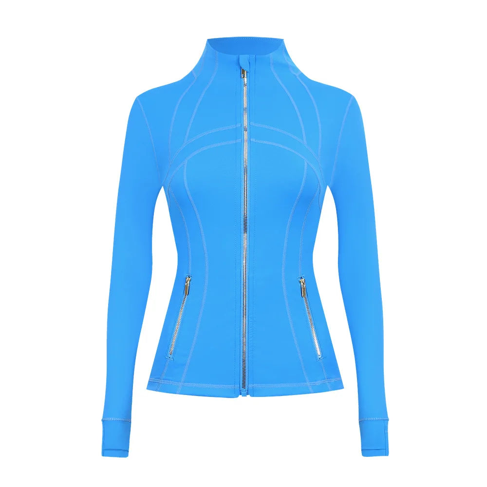 Personalized LOGO custom women's gold zip jacket tight stand-up collar quick-drying fitness running yoga suit 41-color S-3XL top