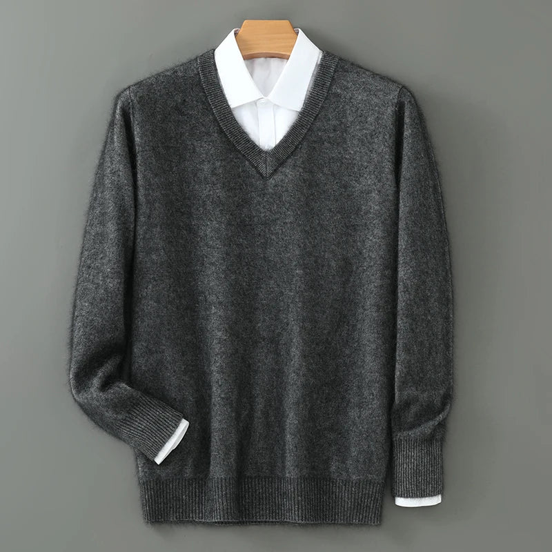 100% Pure Mink Cashmere Sweater Men's V-Neck Pullovers Knit Large Size Mink Sweater Winter New Long Sleeve High-End Jumpers Tops