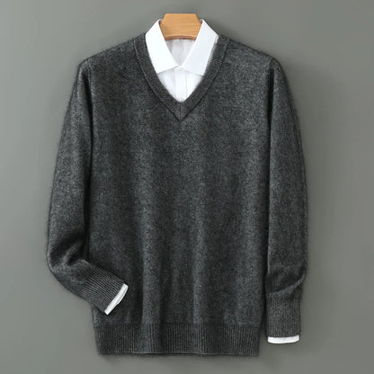100% Pure Mink Cashmere Sweater Men's V-Neck Pullovers Knit Large Size Mink Sweater Winter New Long Sleeve High-End Jumpers Tops