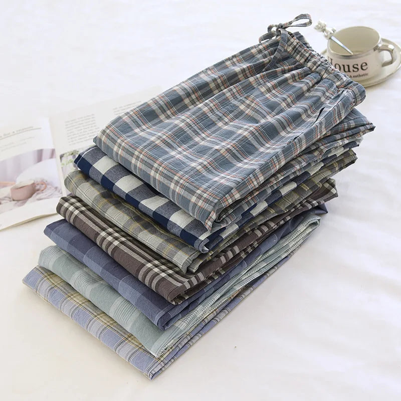 2026 New Spring and Autumn Men's Sleeper Pants 100% Cotton Gauze Japanese Checkered Pants Elastic Waist Home Pants Sleepwear