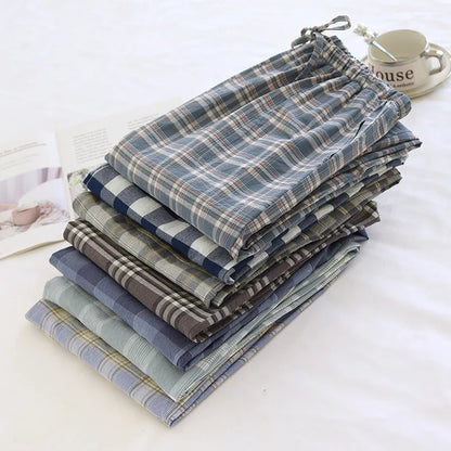 2026 New Spring and Autumn Men's Sleeper Pants 100% Cotton Gauze Japanese Checkered Pants Elastic Waist Home Pants Sleepwear