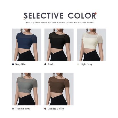 Hearuisavy Women's Mesh Short Sleeve Yoga Top With Padded Bra Fake Two Piece Gym Clothing Quick Dry Sports Crop Top Fitness Top