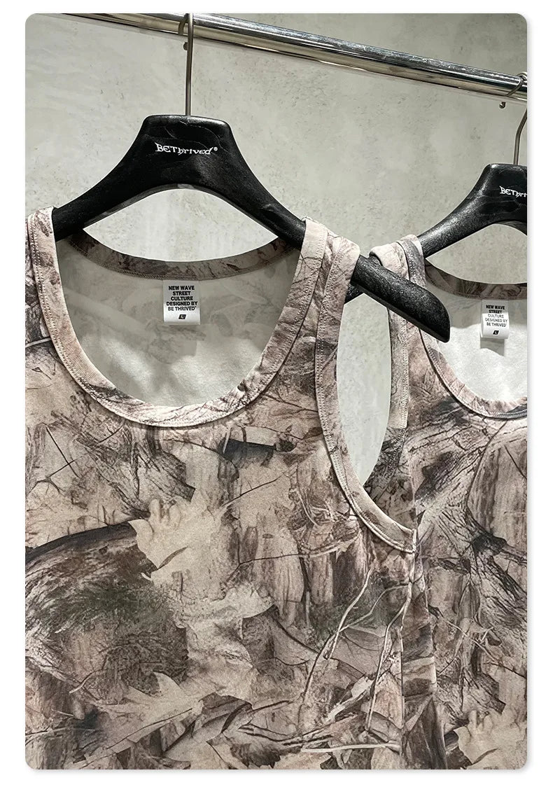 Custom LOGO men's 315G cotton polyester summer American street camouflage loose sports vest shorts outdoor fitness set