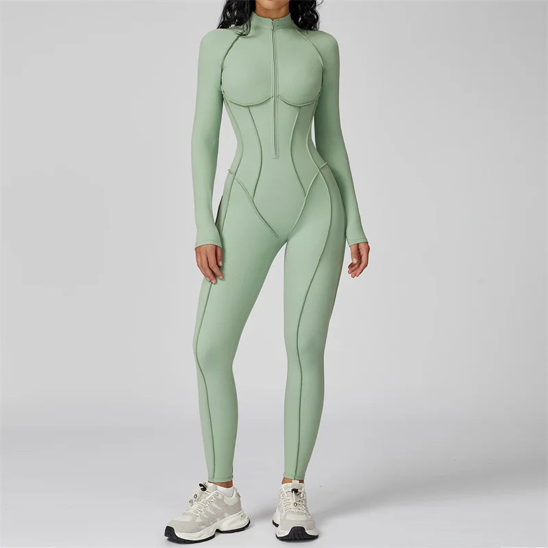 TRY TO BN Gym Jumpsuit Half Zipper Sports Stripe Fitness Bodysuit One-Piece Workout Activewear Tights Woman Suits Yoga Clothing