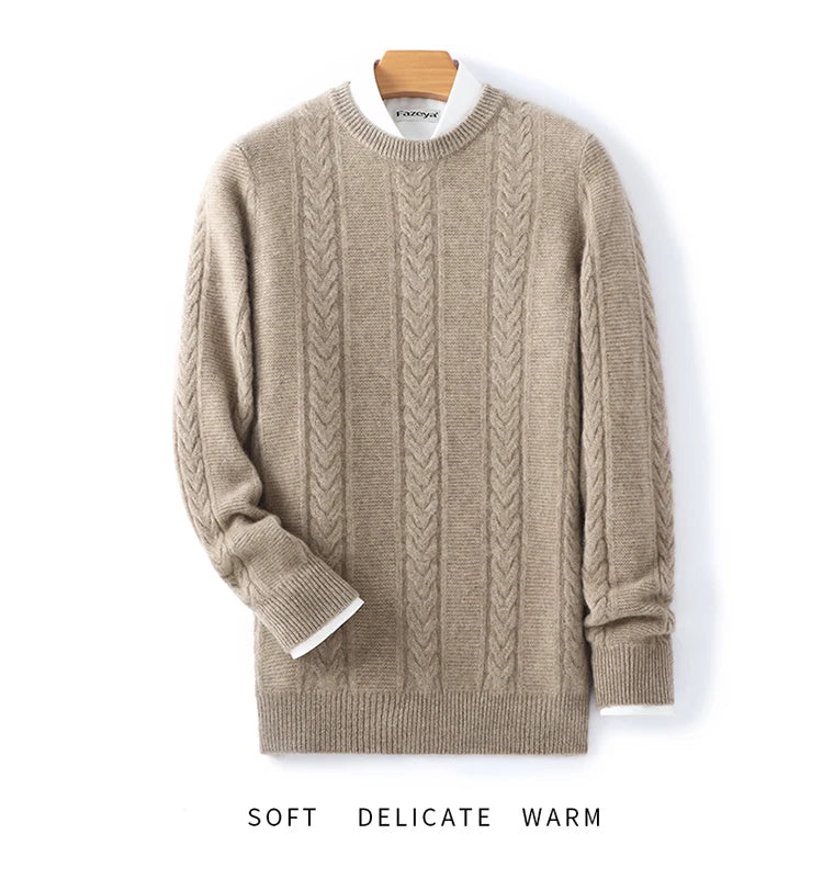 100% Merino Wool Sweater Men's Round Neck Thickened Tops Autumn Winter New Soft Warm Casual Solid Color Knitted Pullover