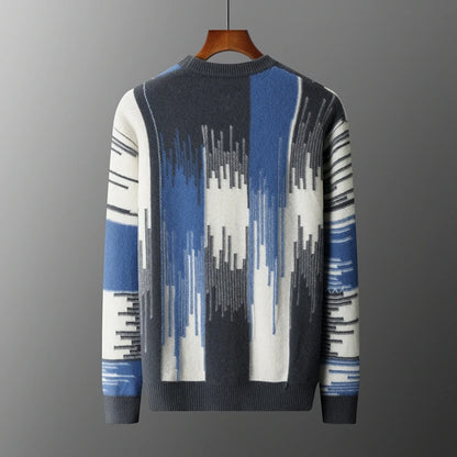 Men's 100% Merino Wool Color-Blocked O-Neck Sweater Long Sleeves Fashion Pullover Cashmere Loose Soft Warm Leisure Clothing Top