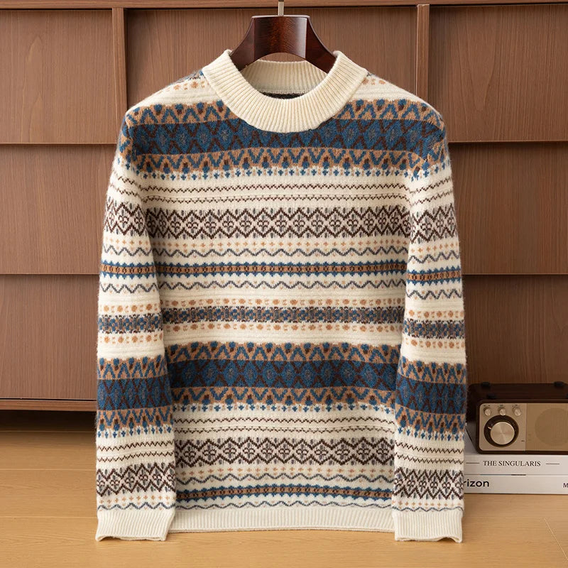 Autumn/Winter New Men's Sweater Jumper 100% Pure Wool Knitt Half High Neck Pullover Business Casual Jacquard Thickened Menswear
