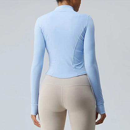 Gym Shirt Women's Full Zipper Yoga Top With Thumbholes Fitness Running Jacket Stretch Fit Long Sleeve Round Neck Top Sportswear