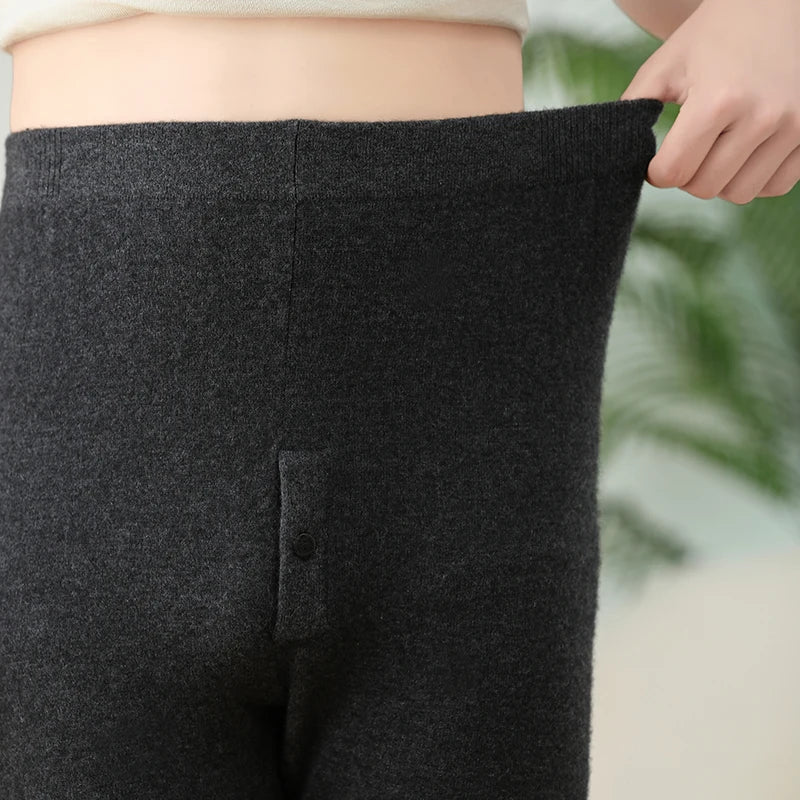 100% Cashmere Knit Leggings Men Winter Wearing Thermal Underwear High Waist Trousers Solid Thicken Elasticity Ankle-Length Pants