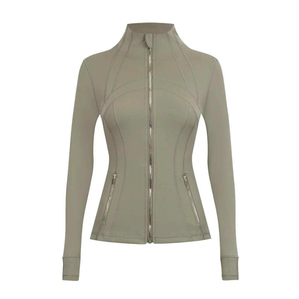 Personalized LOGO custom women's gold zip jacket tight stand-up collar quick-drying fitness running yoga suit 41-color S-3XL top
