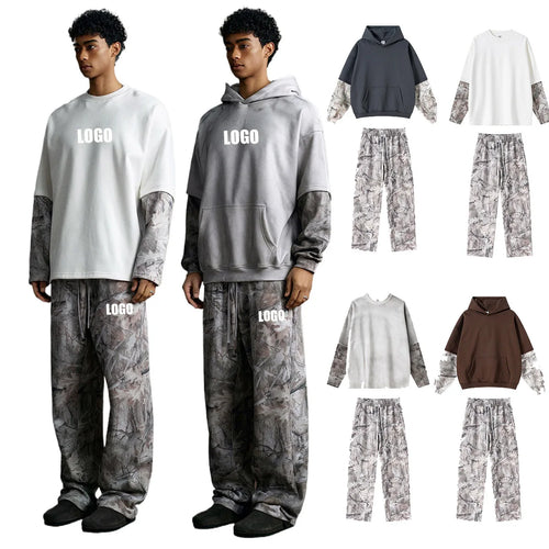 Custom LOGO Men's 2025 Autumn New 340G fleece-lined Fake Two-piece Camouflage Sweater T-Shirt Casual Pants Set