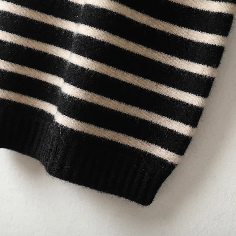 Women's Spring and Autumn 100% Merino Wool 90 Count Knitted Striped Wide Leg Pants